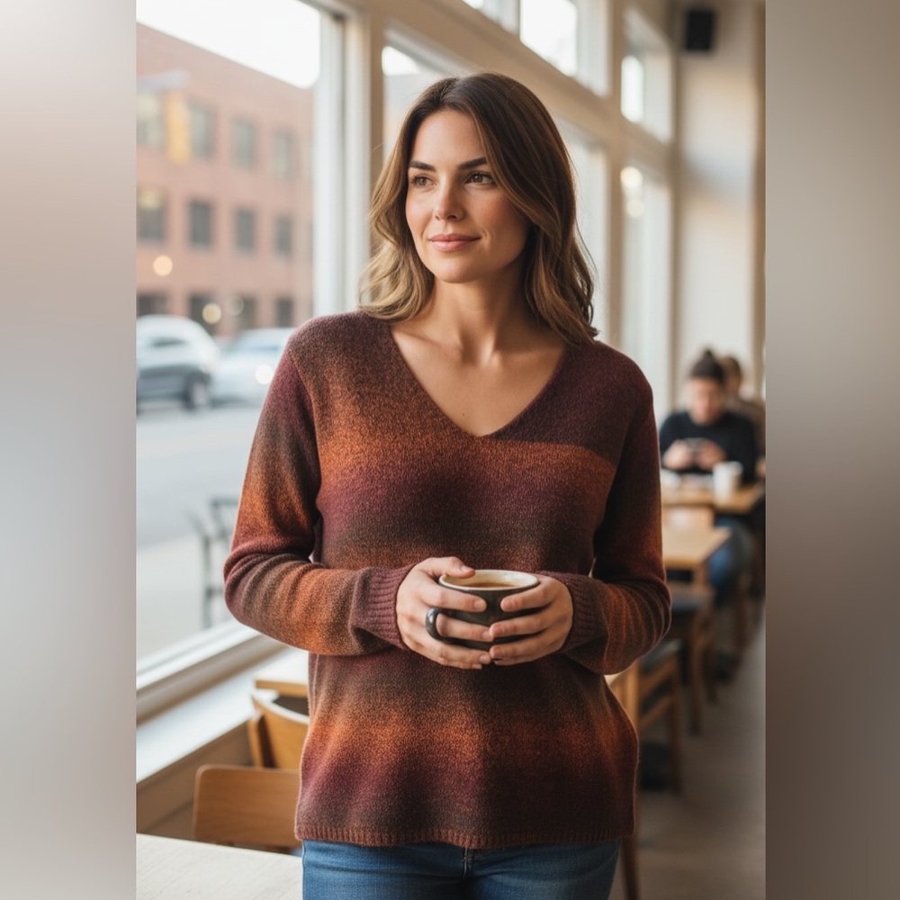 Columbia Sunset Burnt Orange Ombre Knit V-neck Shrunken Wool Blend Sweater